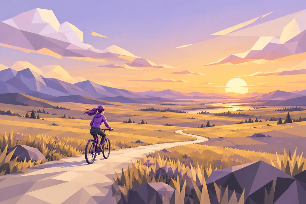 A small Sagittarius woman cycles along a path into an open prairie at sunset.