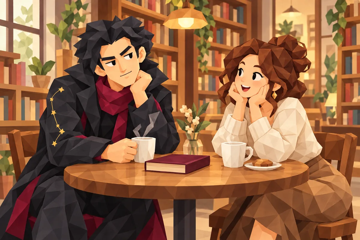 A Scorpio man and his date lean toward each other over tea in a quiet bookshop cafe.