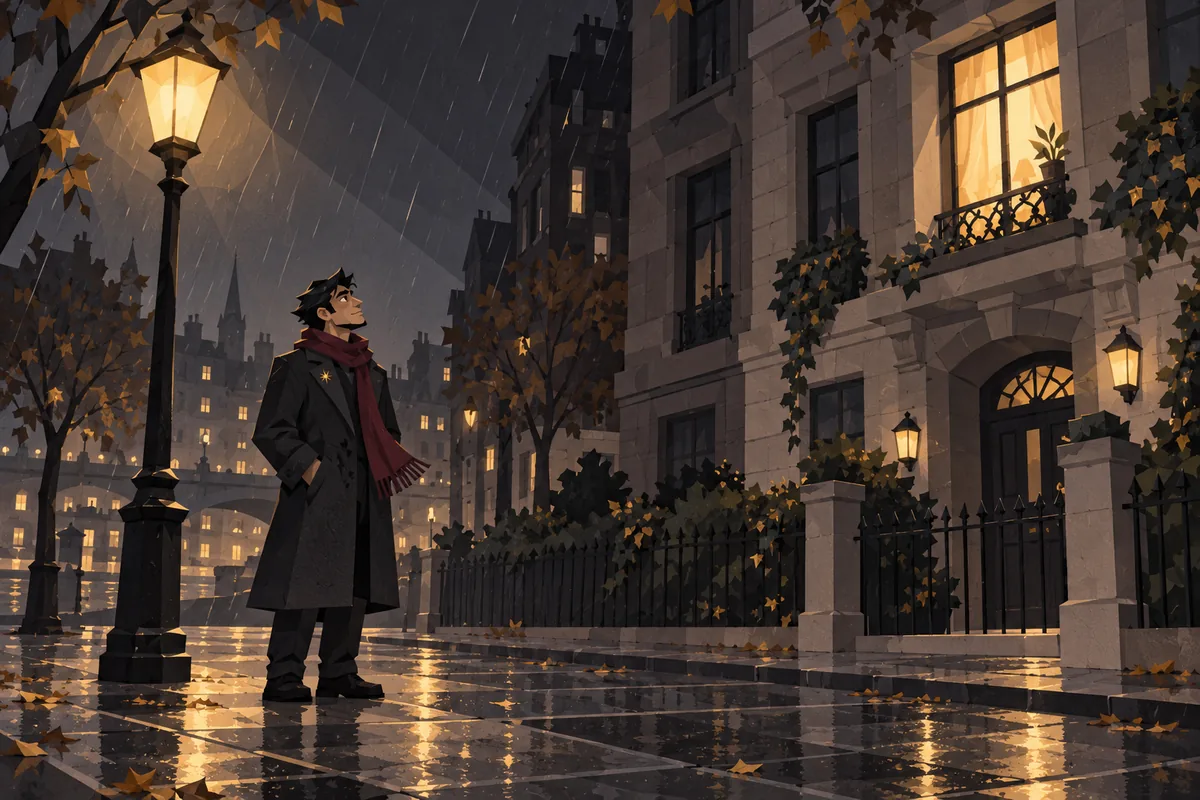 A Scorpio man stands under a streetlight in light rain, looking toward one lit apartment window.
