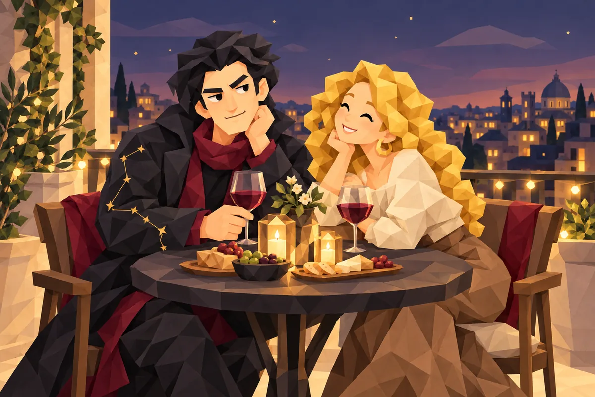 A Scorpio man and his partner share an affectionate dinner on a quiet balcony above warm city lights.