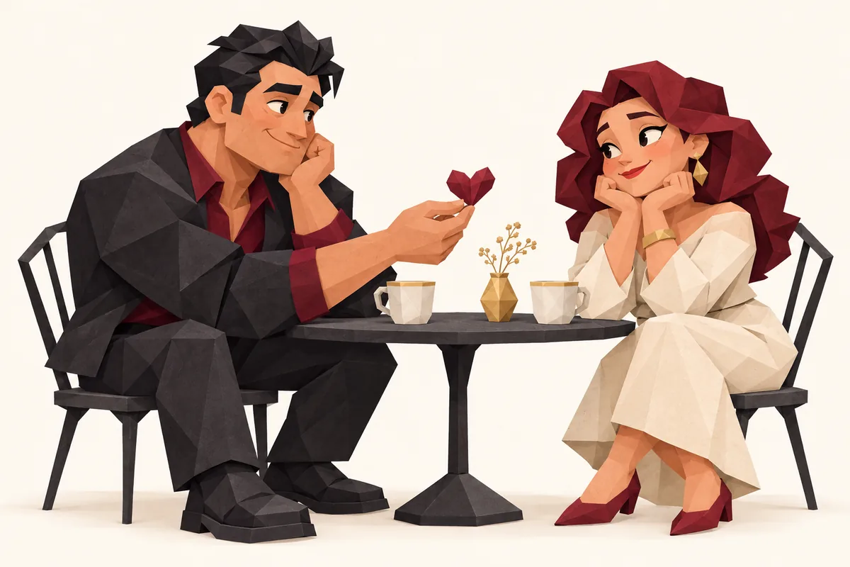 A Scorpio man offers a small folded paper heart to his partner across a quiet cafe table.