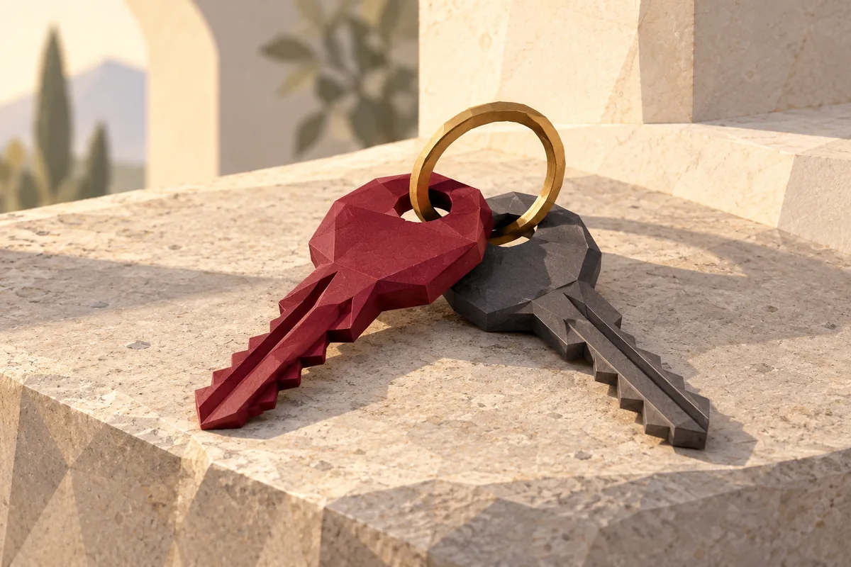 Two keys, one deep red and one dark gray, share a single ring on a stone ledge.