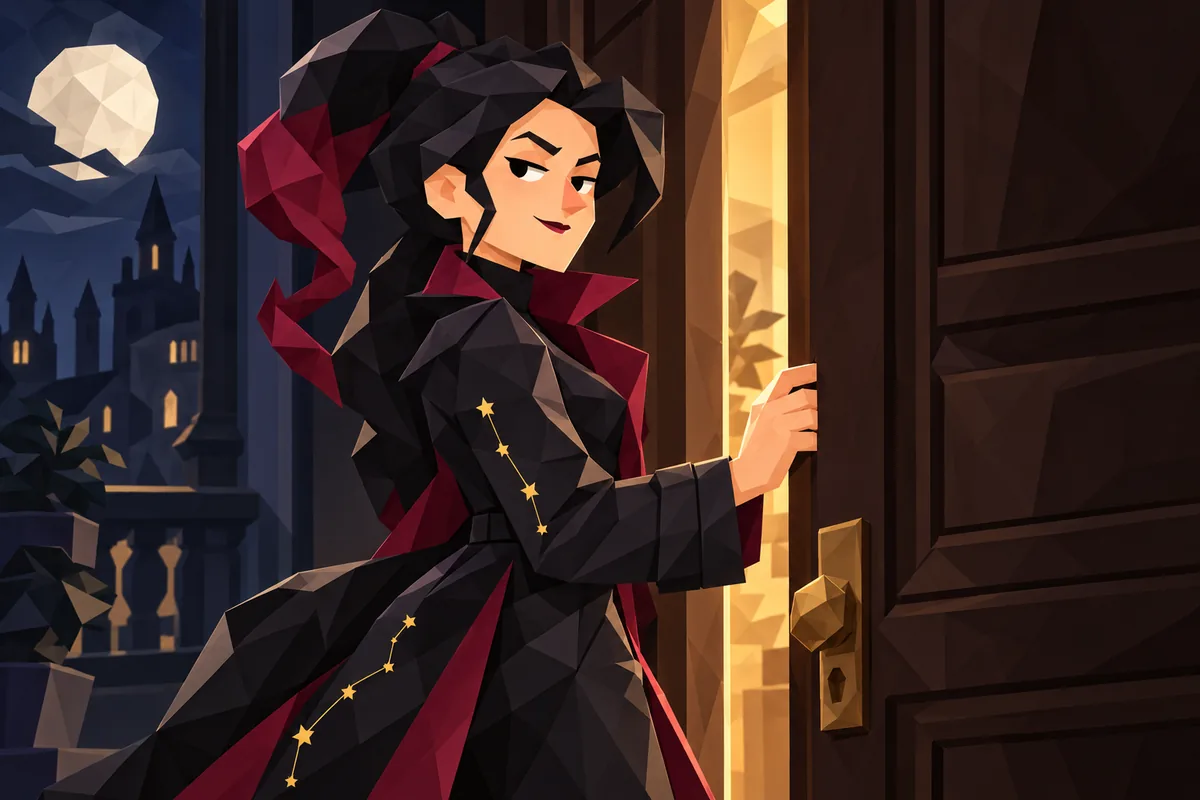 A calm Scorpio woman closes a heavy door at night, with half her face in shadow.