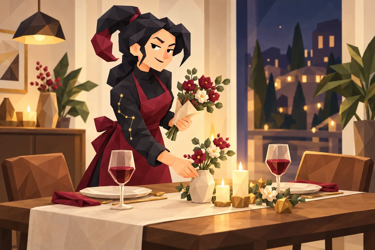 A confident Scorpio woman sets a thoughtful dinner table for two with small flowers.
