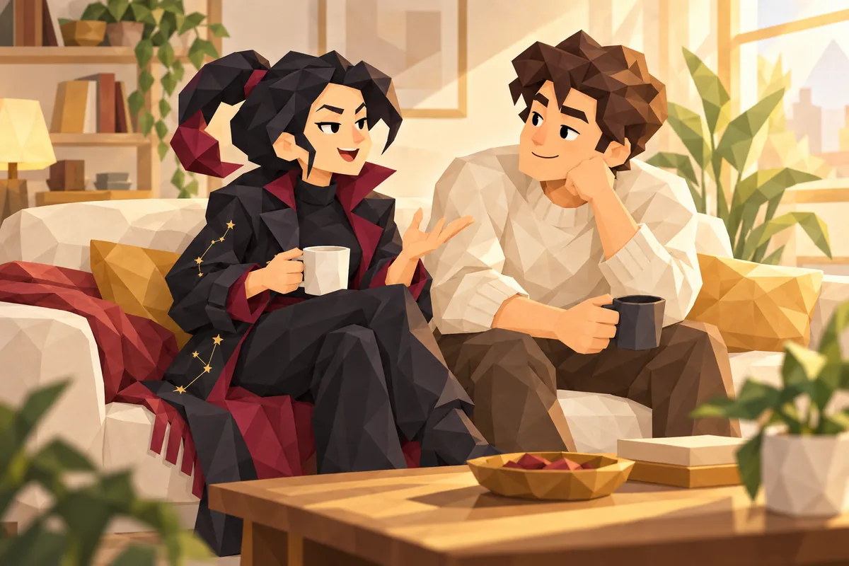 A Scorpio woman shares a personal story with her partner on a sofa in warm window light.