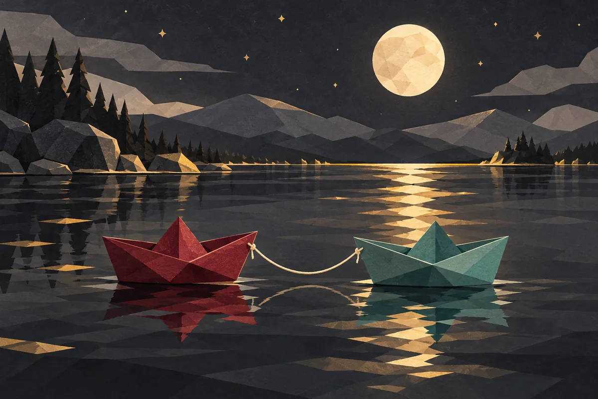 A deep red paper boat and a sea-green paper boat are loosely tied together on a moonlit lake.
