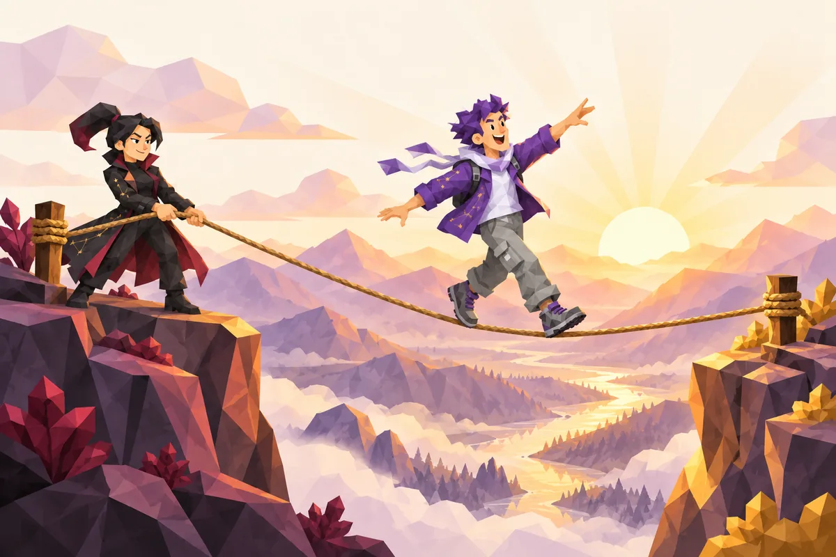 At sunrise, a Scorpio woman steadies a tightrope between two cliffs while a Sagittarius man bounds across.