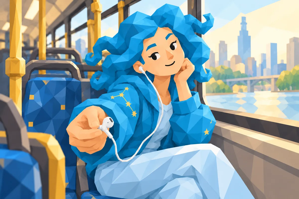 An Aquarius woman on a city bus offers one earbud across the aisle with a curious half smile.