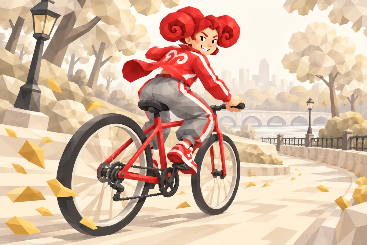 An Aries woman races through a morning park on a bicycle, grinning back over her shoulder.