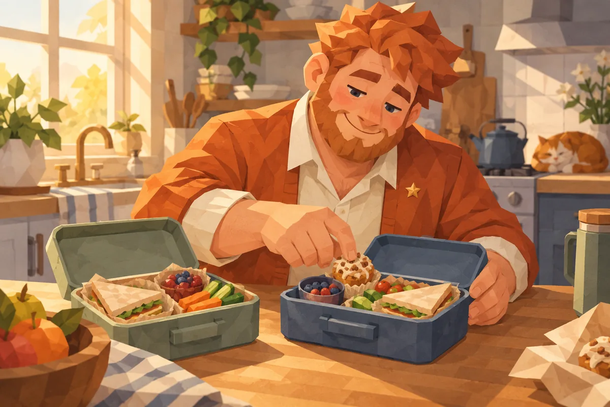 A Cancer man packs a second lunch box in his morning kitchen and adds an extra treat.