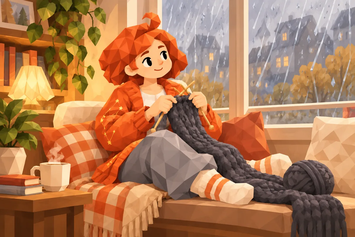 A Cancer woman knits a charcoal scarf on a cozy window seat while rain streaks the afternoon glass.
