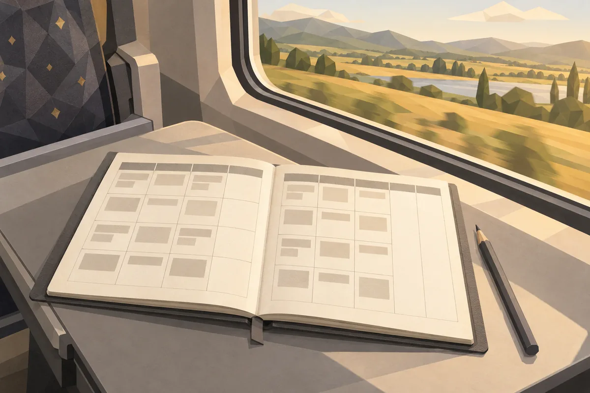 An open planner with recurring empty weekend spaces rests on a train table beside passing fields.