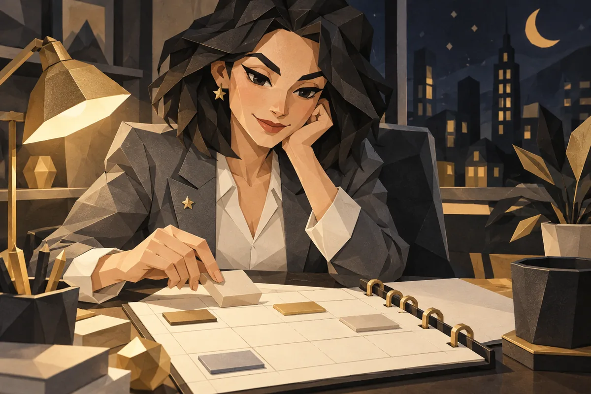 A Capricorn woman smiles privately as she moves a blank calendar block at her office desk.
