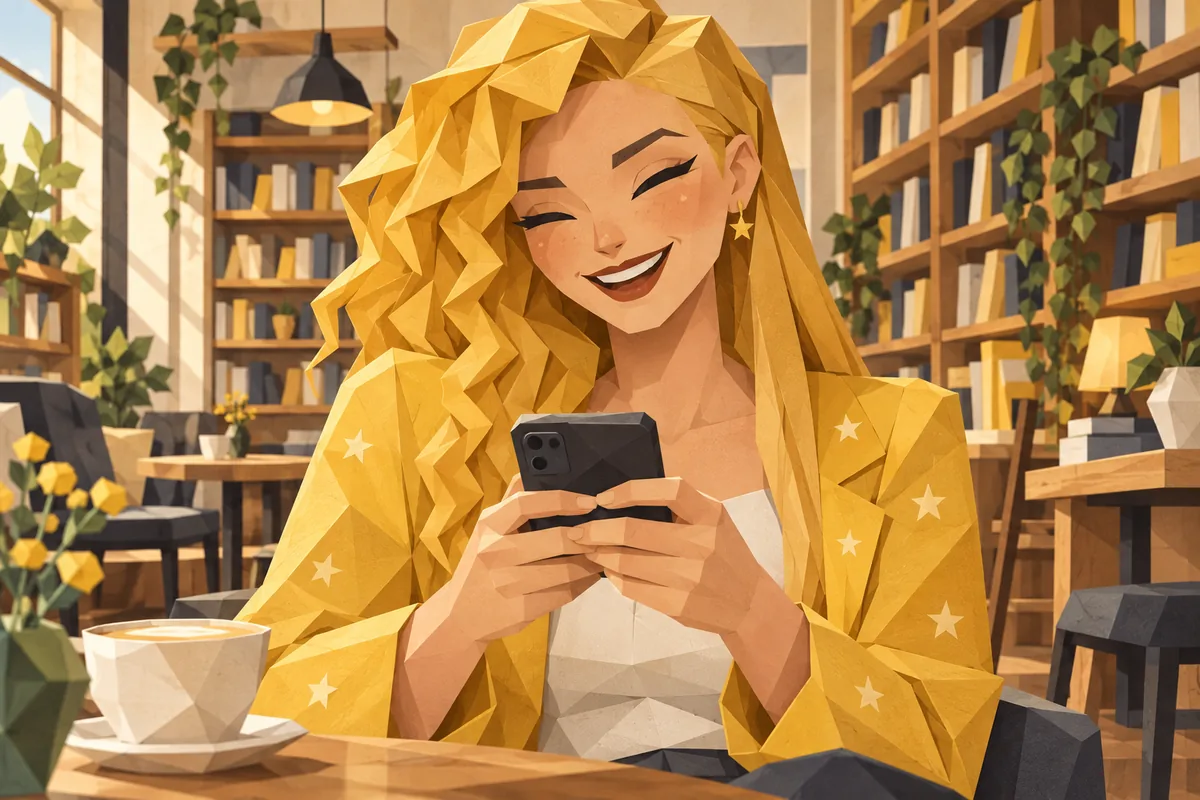 A Gemini woman laughs and types with both thumbs on her phone in a bookshop cafe.