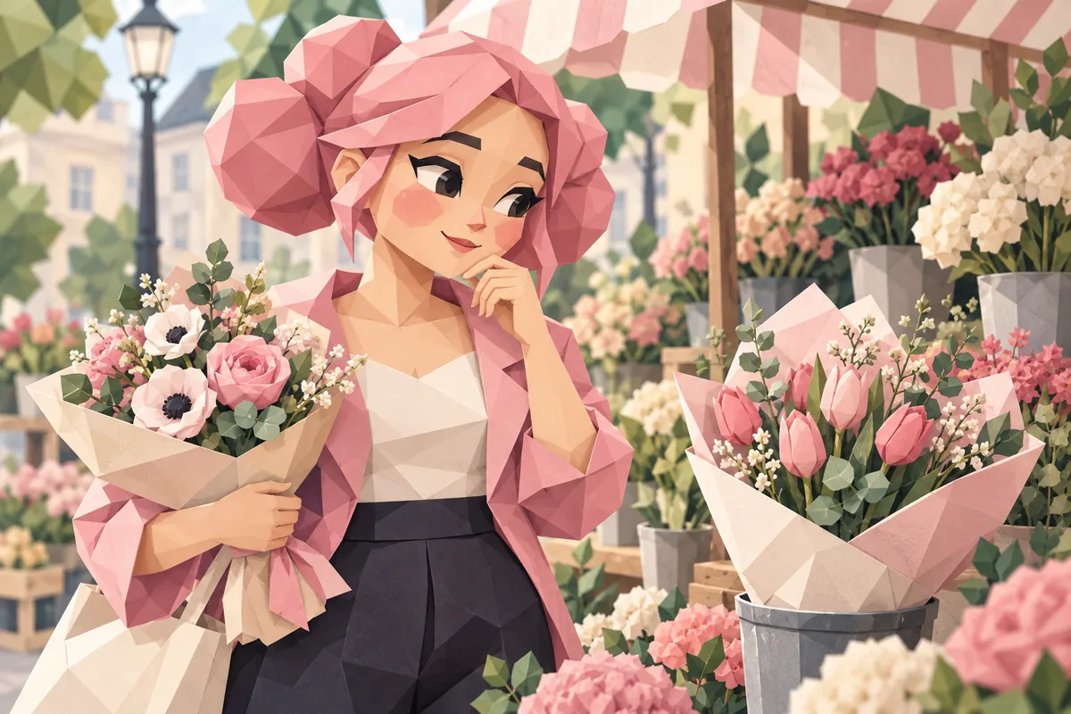A pink-haired Libra woman blushes slightly while choosing between two bouquets at a flower stall.