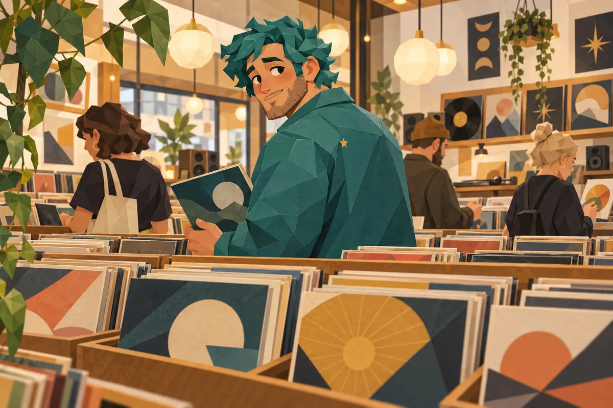 Across a busy record shop, a Pisces man glances toward the viewer over a vinyl rack.