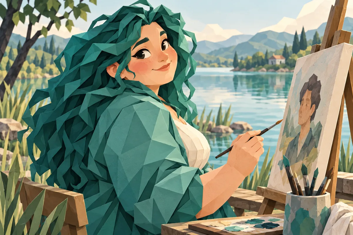 A softly smiling Pisces woman at an easel beside a lake shyly reveals part of a painted portrait.
