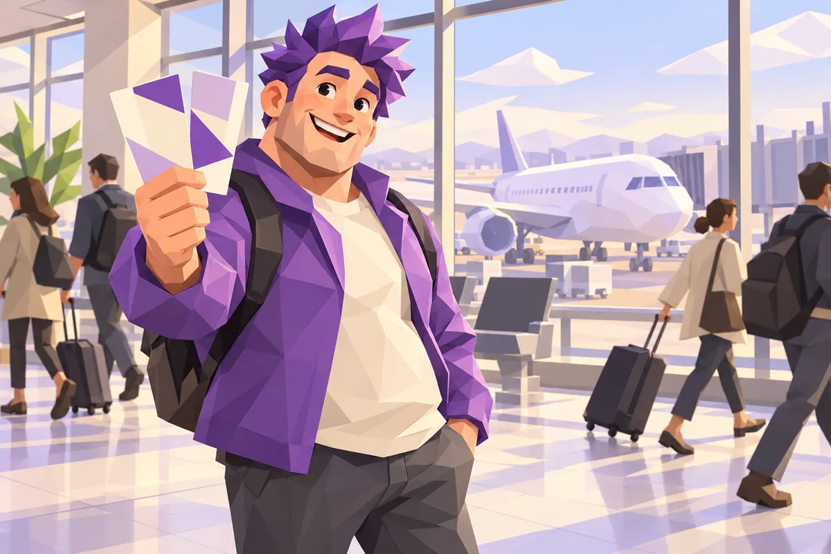 A grinning Sagittarius man holds up two blank boarding passes at an airport gate as travelers hurry past.
