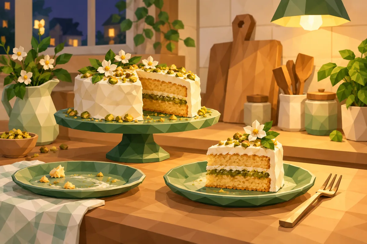 A slice of homemade cake waits on a second plate beside a neatly placed fork in a warm evening kitchen.