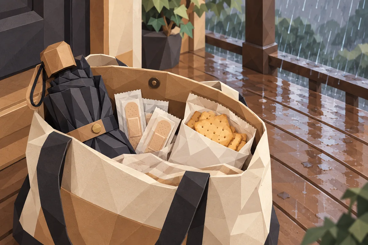 A neatly packed tote with a spare umbrella, adhesive bandages, and a snack waits on a rainy porch.