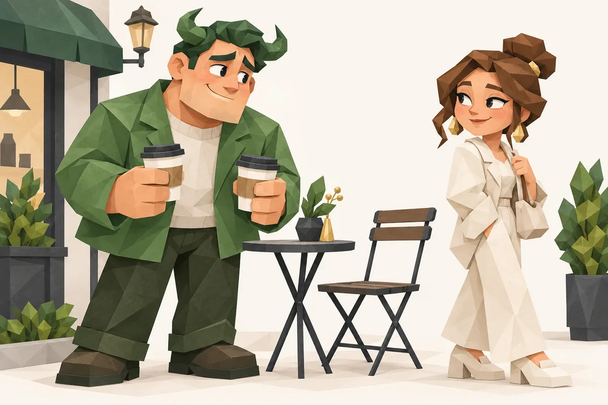 A Taurus man holds two takeaway coffees beside an empty cafe chair, gathering the courage to invite someone.
