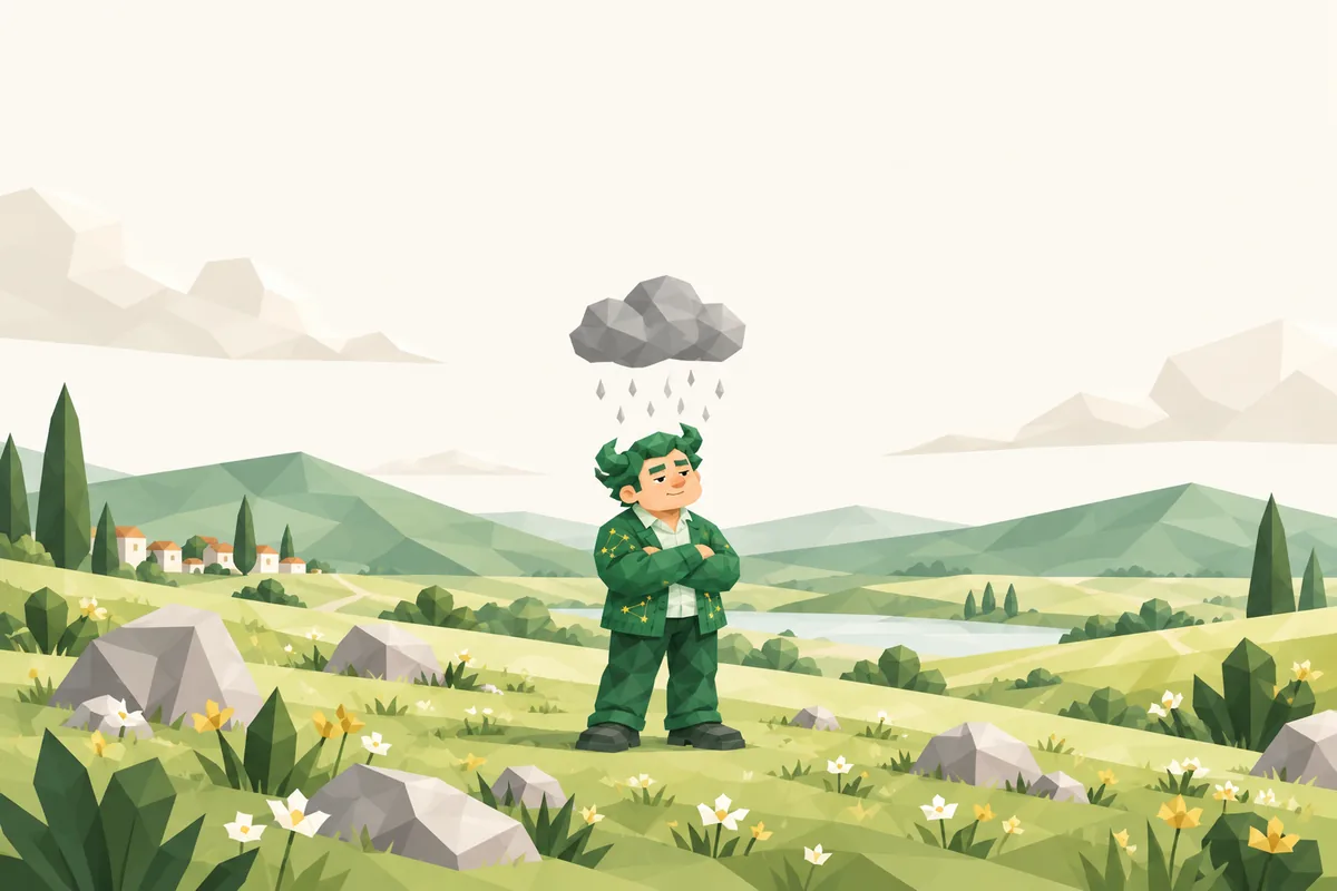 A Taurus man stands with folded arms in a wide open field beneath one small gray cloud.