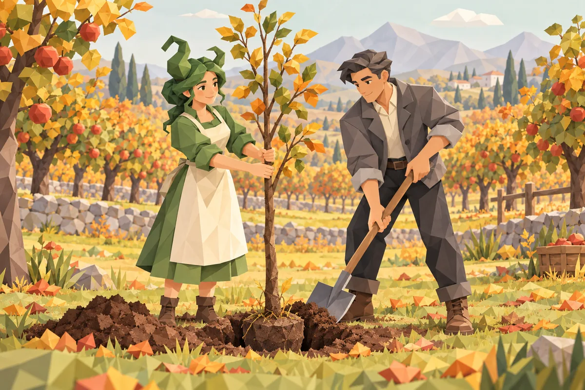 A Taurus woman and Capricorn man plant a young tree in an autumn orchard, one digging and one steadying it.