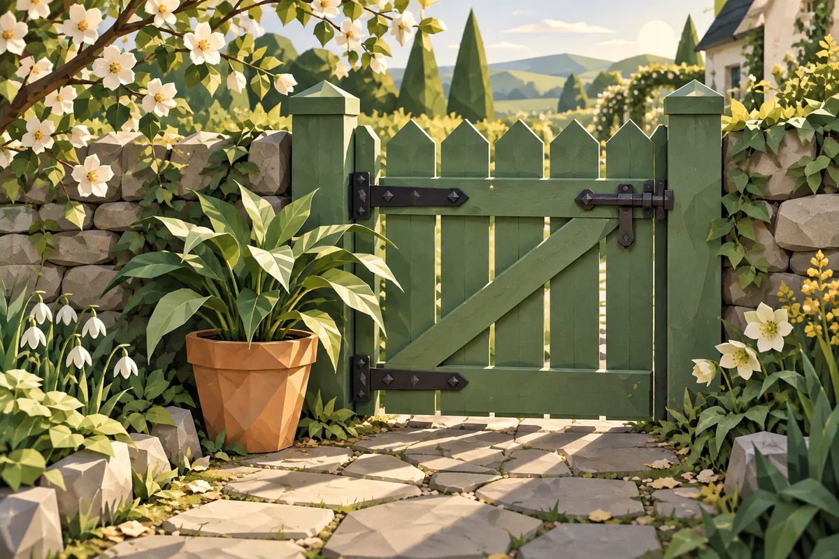A closed, latched garden gate on a spring morning, with a potted plant waiting beside it.