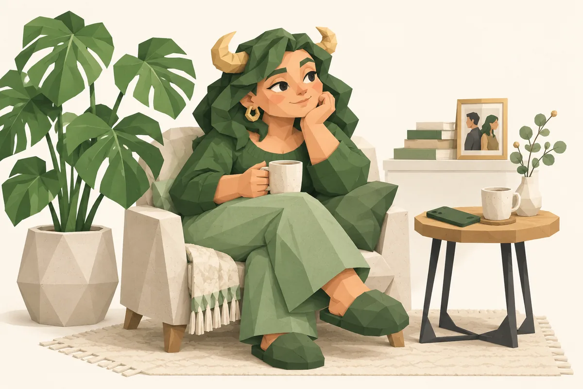 A Taurus woman sits quietly by a potted plant with her phone face down and an untouched second cup nearby.