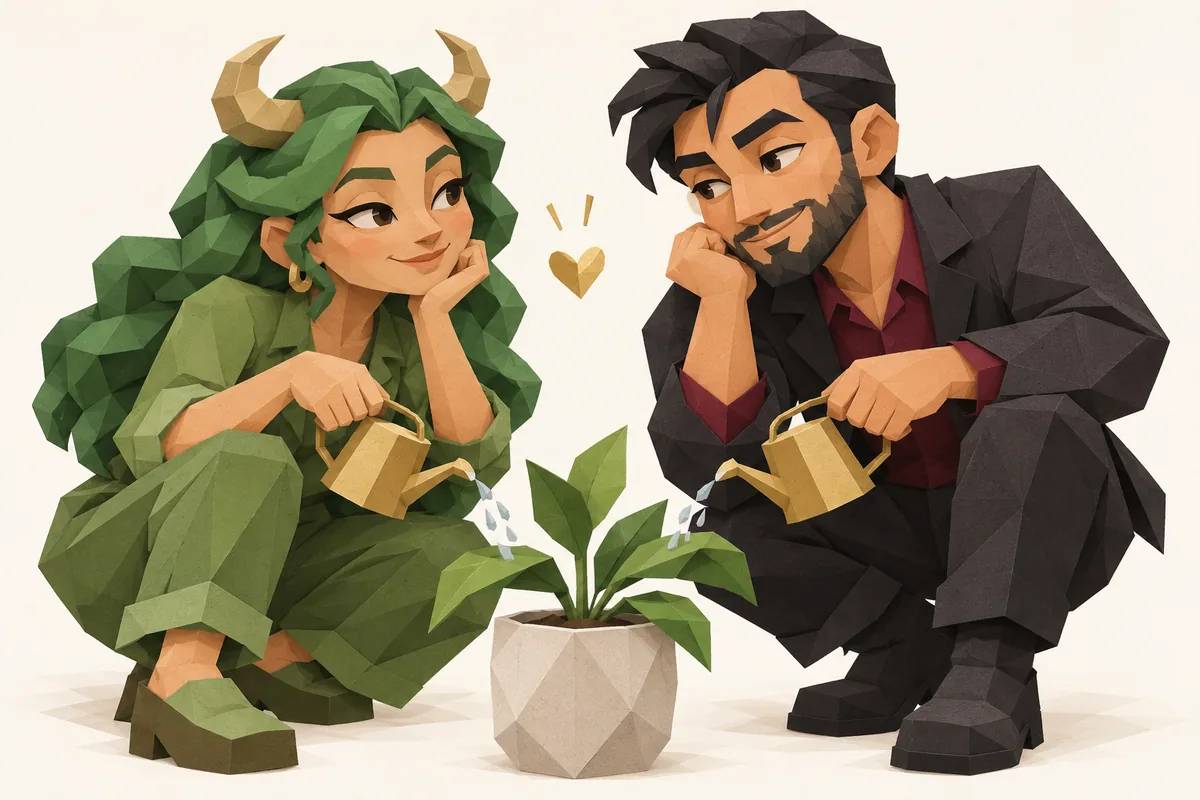 A Taurus woman and Scorpio man water the same small plant, each holding a simple watering can.