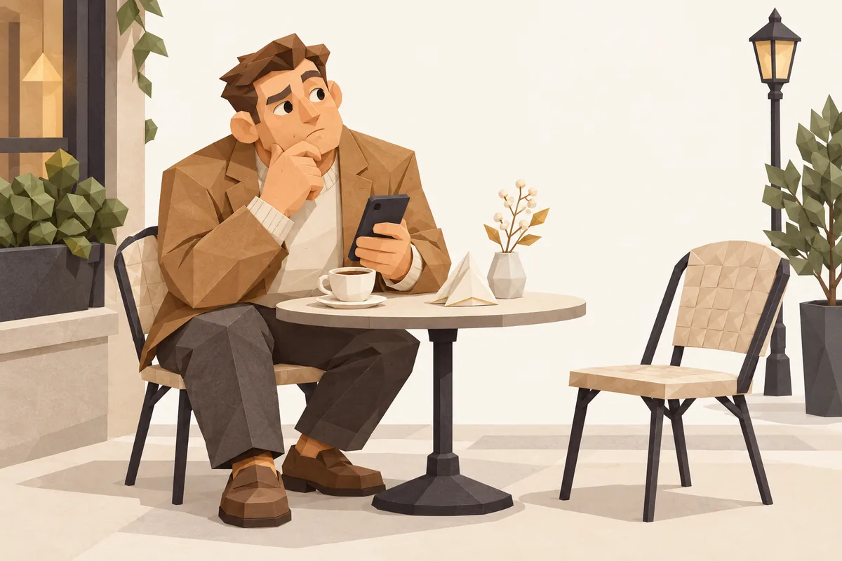 A Virgo man considers his phone beside a carefully arranged cafe table and a folded napkin.