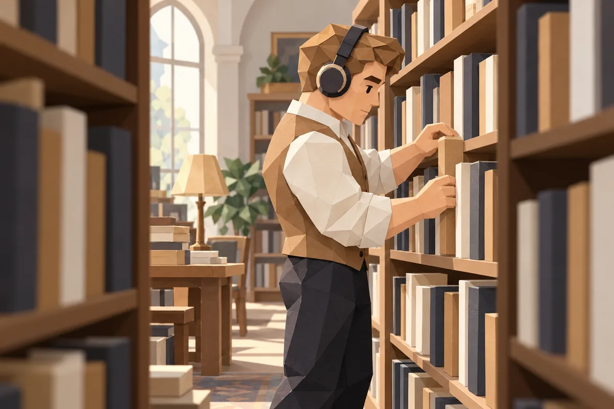 Seen through a library aisle, a Virgo man wearing headphones concentrates on reorganizing a shelf.