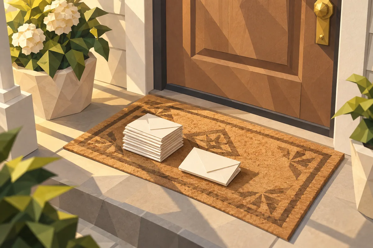 A fresh folded note on a morning doormat beside a tidy stack of identical notes.