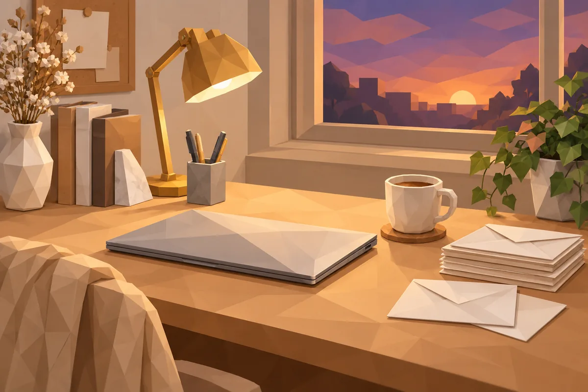 An empty study at dusk with a closed laptop, neatly squared letters, and a forgotten cup of tea.