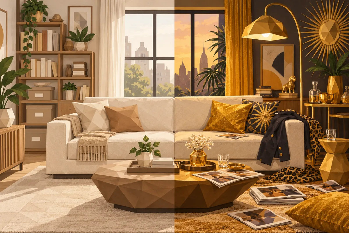 An empty apartment is tidy and neutral on one side, gold and glamorously messy on the other, with a shared sofa.