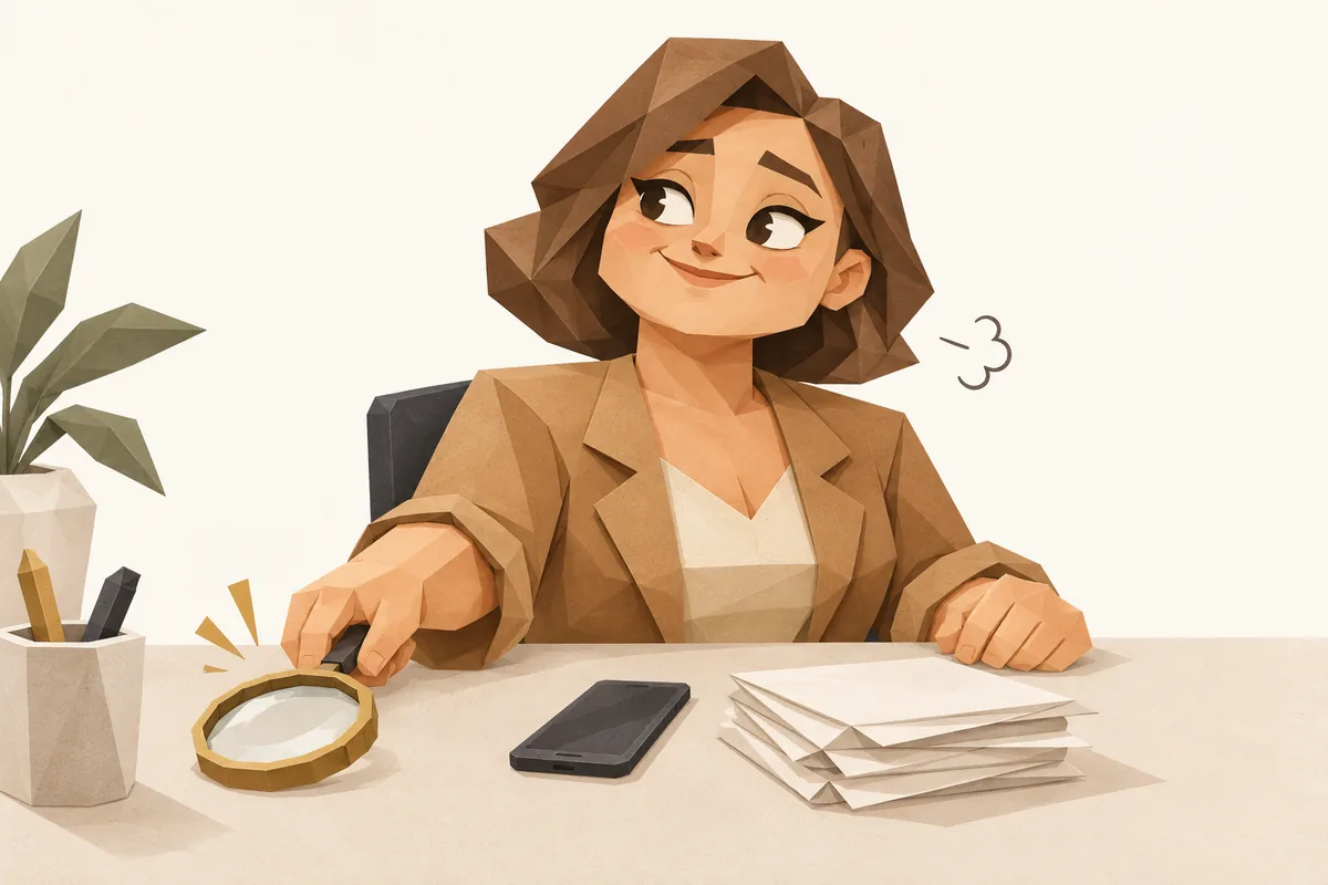 A Virgo woman puts down a magnifying glass beside her phone and a stack of folded blank drafts.