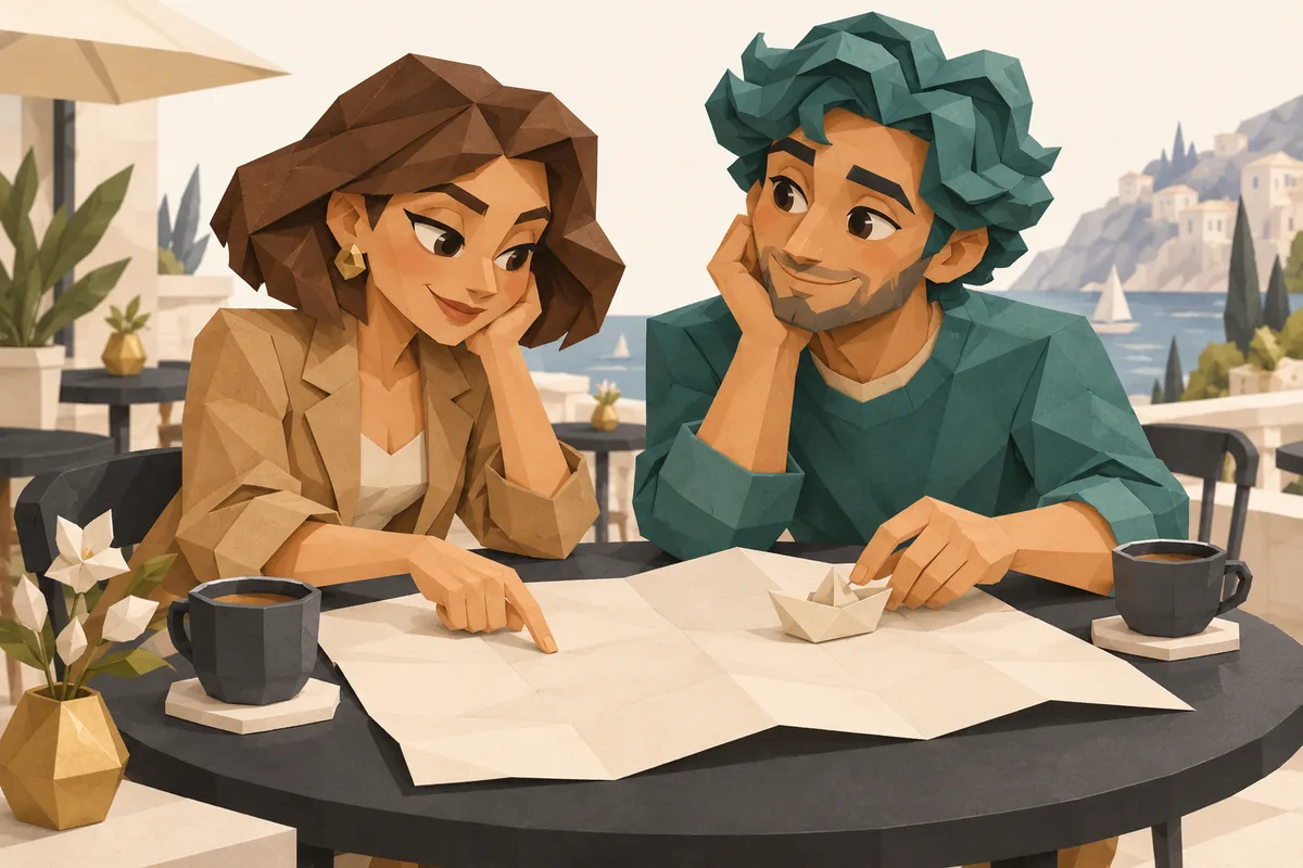 A Virgo woman and Pisces man arrange a blank map and a small paper boat together at a cafe table.