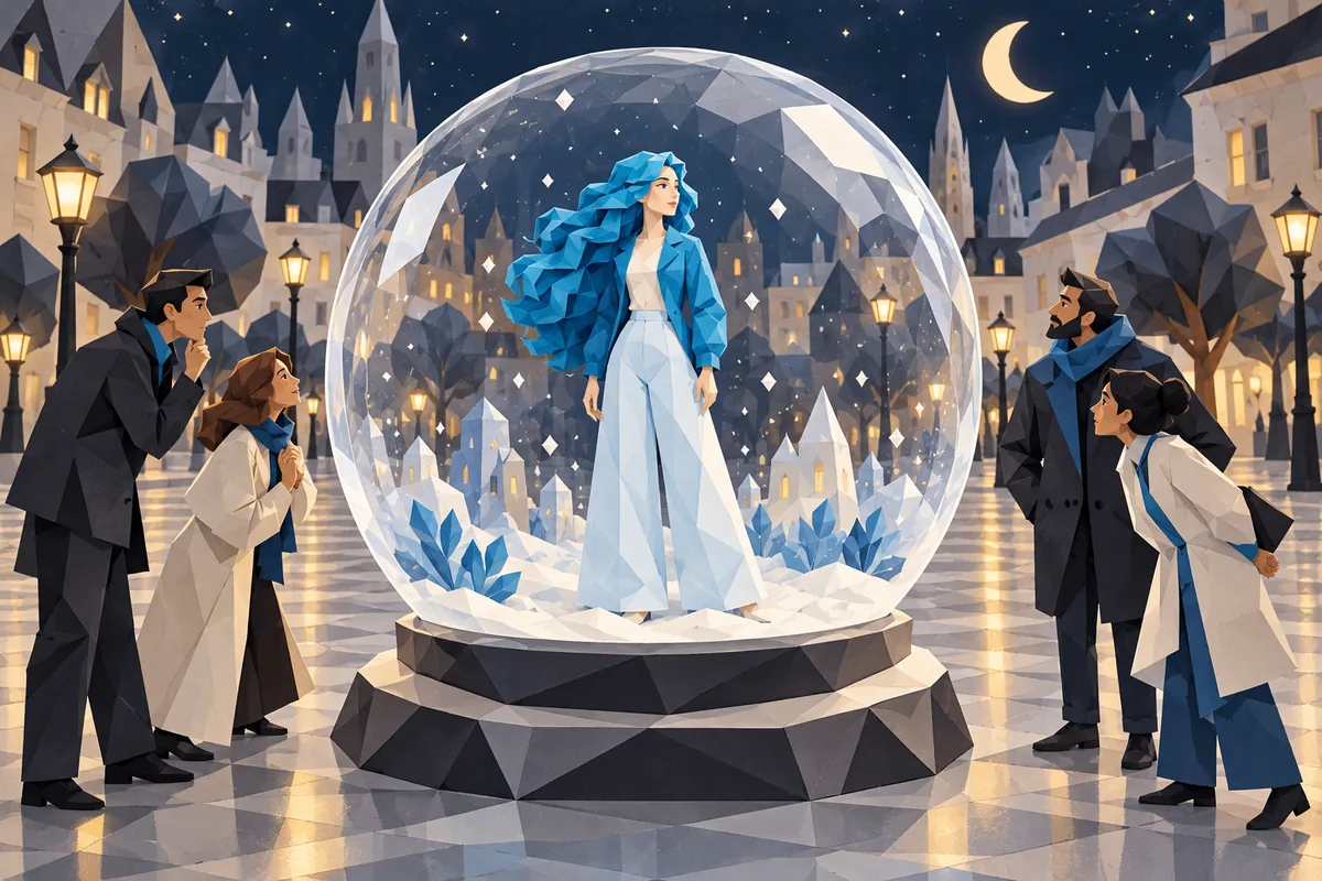 An Aquarius woman stands inside a glass snow globe in a city square at night while people peer in.