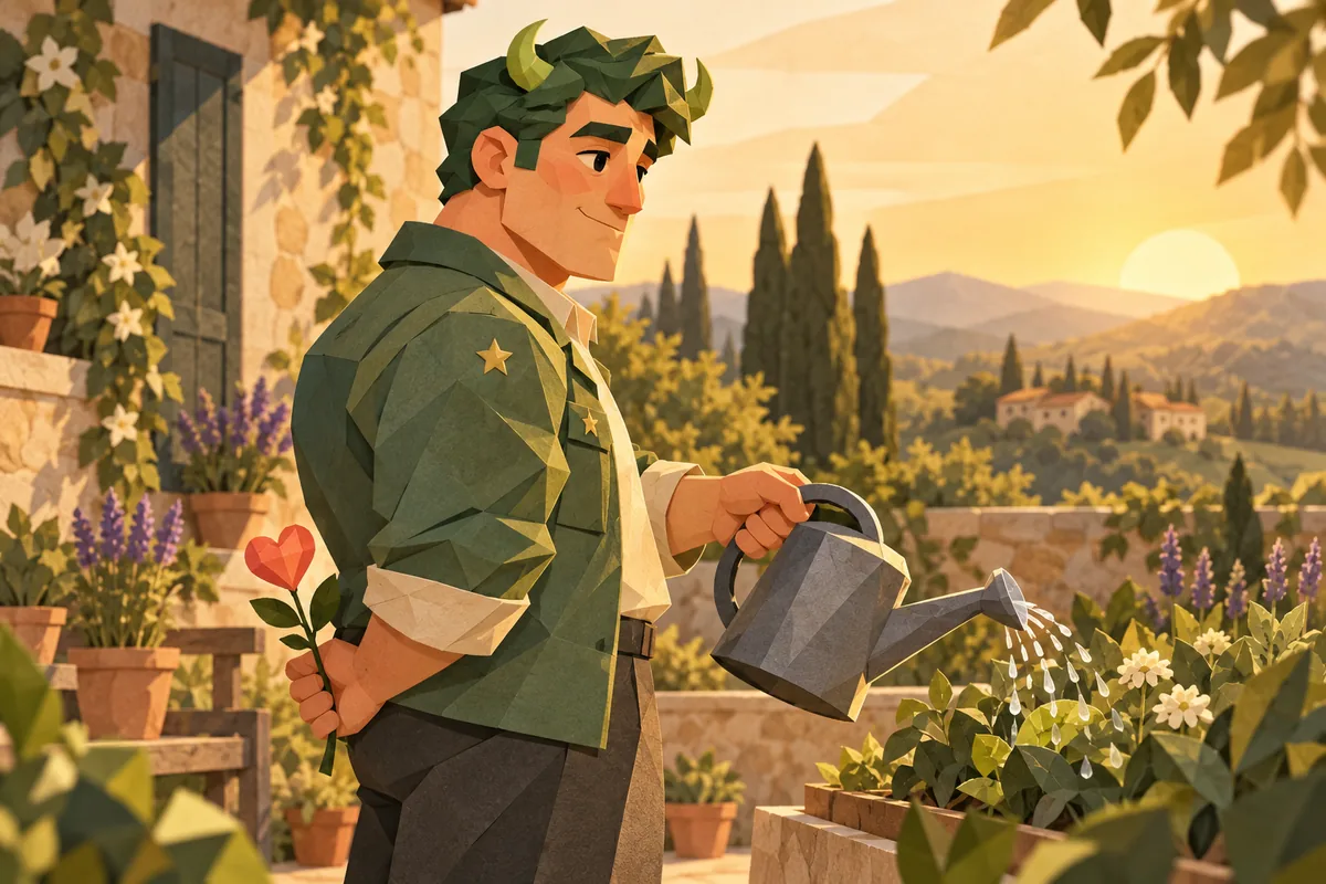 A Taurus man waters his garden while hiding a small heart-shaped flower behind his back.